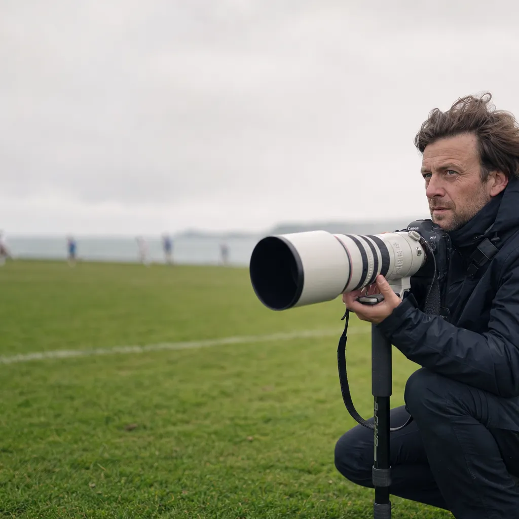 Silhouette de photographe sportif au bord d'un terrain normand à l'aube, téléobjectif sur monopode