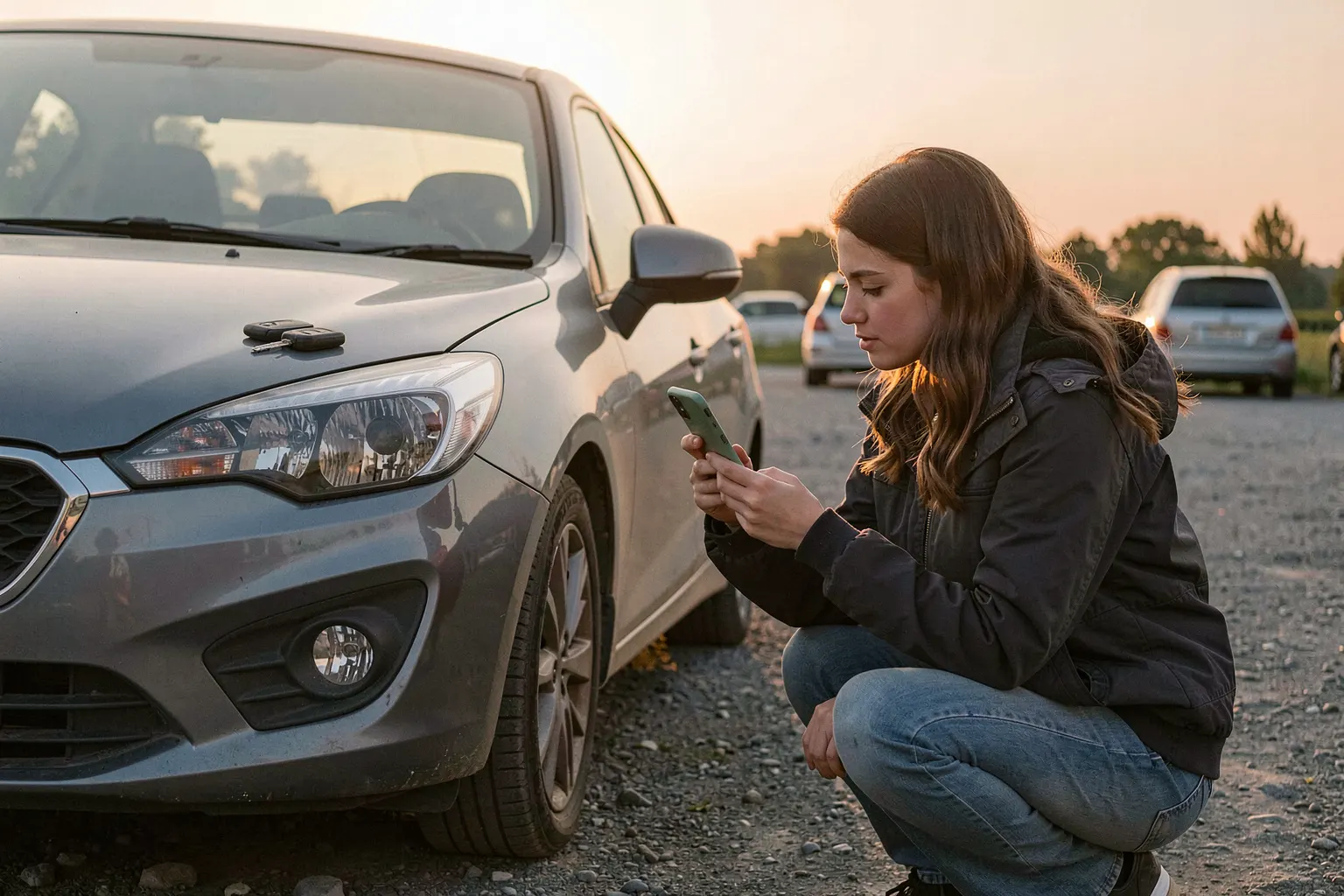 Une photographe accroupie près d'une berline grise garée sur un parking de gravier à l'aube, smartphone à la main devant l'aile avant, clés posées sur le capot