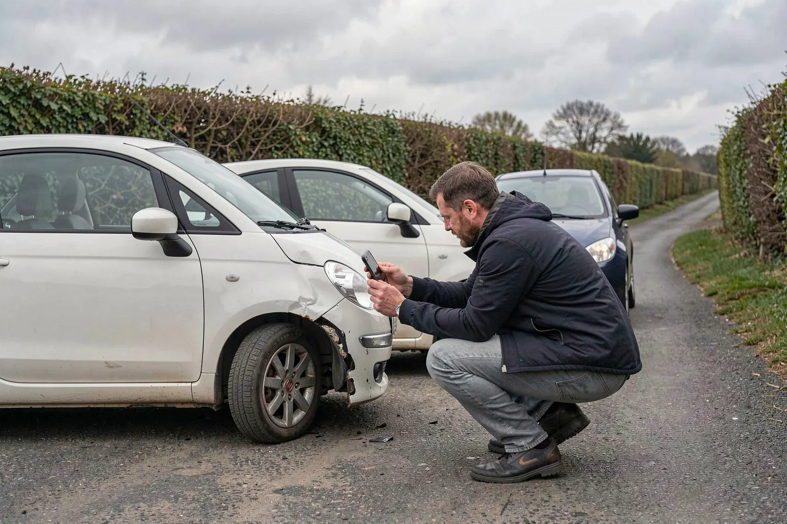 Un homme accroupi photographie avec son smartphone le point de contact entre deux voitures arrêtées l'une derrière l'autre sur une petite route bordée de haies