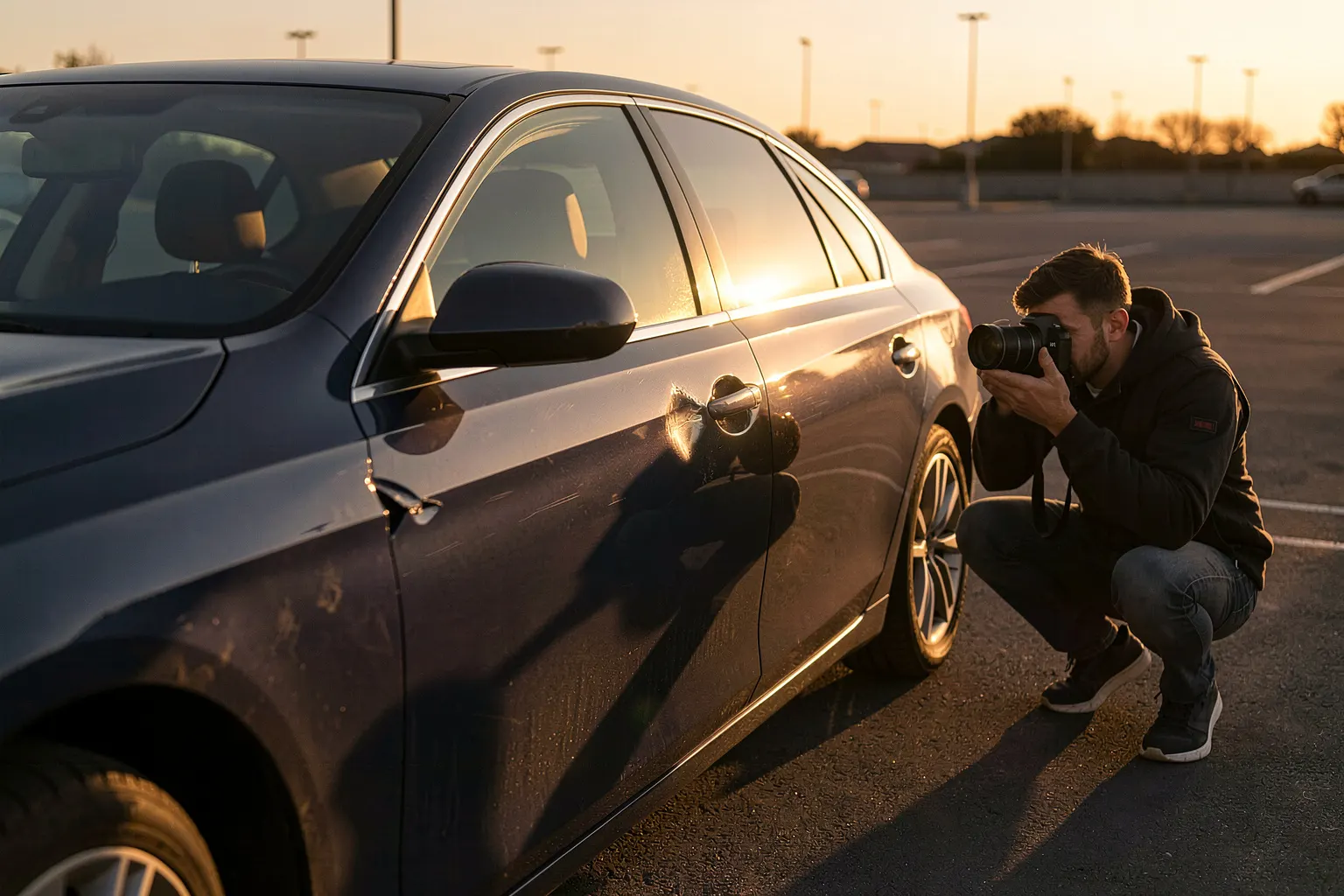 Un photographe accroupi au flanc d'une berline bleu nuit sur un parking vide au lever du soleil, appareil à l'œil, lumière basse qui court le long de la portière